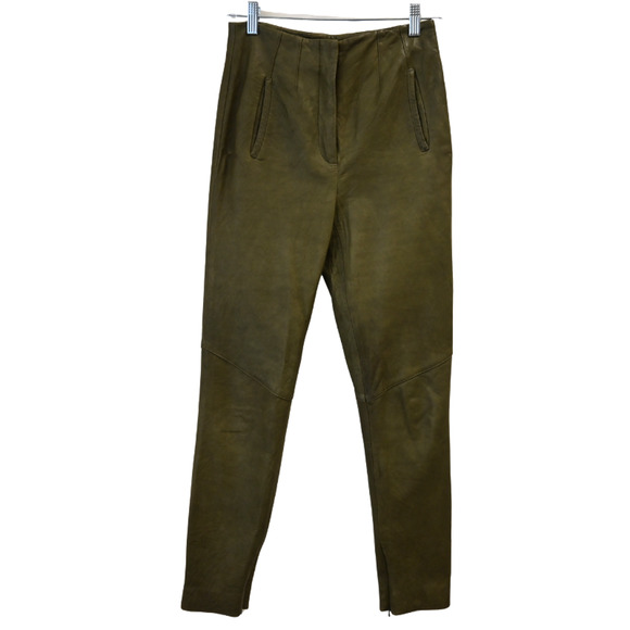 Veronica Beard Seth Moto Pants Size 2 Green Leather High Waist Ankle Zip Tapered - Picture 1 of 12
